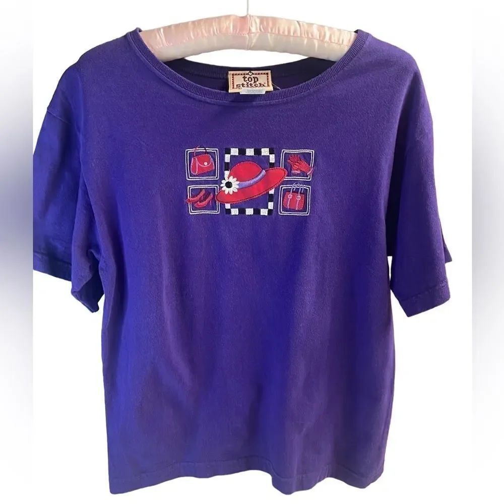 Top Stitch Ladies Purple Red Hat Scoop Neck Embroidery Appliqué Top,Size Medium